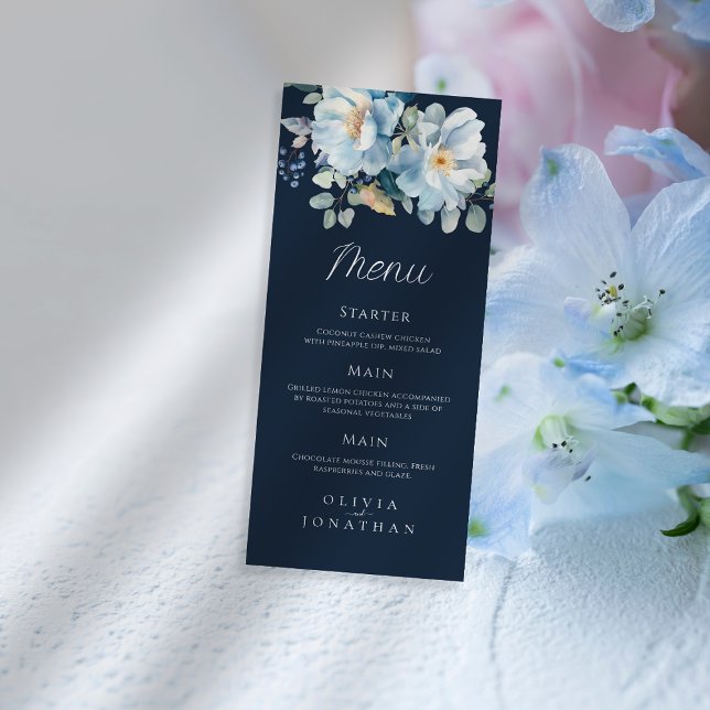Watercolor Blue Winter Floral Wedding Menu (Creator Uploaded)