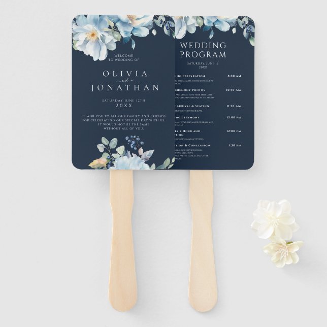 Watercolor Blue Winter Floral Wedding Programs Hand Fan (Front and Back)