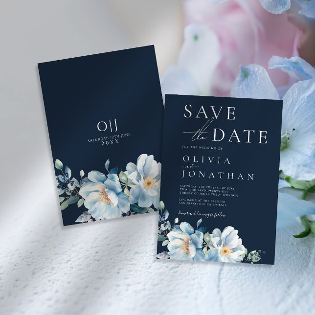 Watercolor Blue Winter Floral Wedding Save The Date (Creator Uploaded)