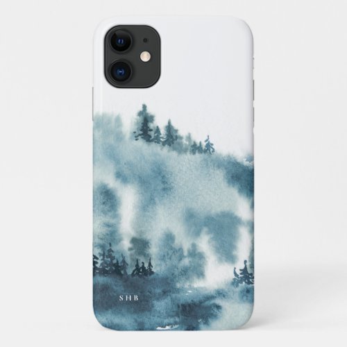 Watercolor Blue Winter Forest Monogram iPhone 11 Case