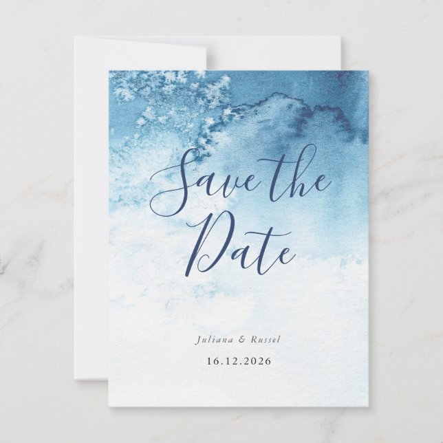 Watercolor Blue Winter Wedding Save The Date (Front)