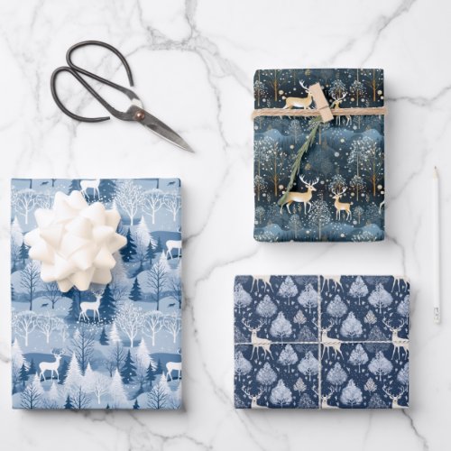 Watercolor Blue Winter Woodland  Deer Christmas Wrapping Paper Sheets