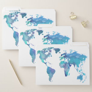 Watercolor Blue World Map File Folder