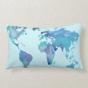 Watercolor Blue World Map Lumbar Pillow