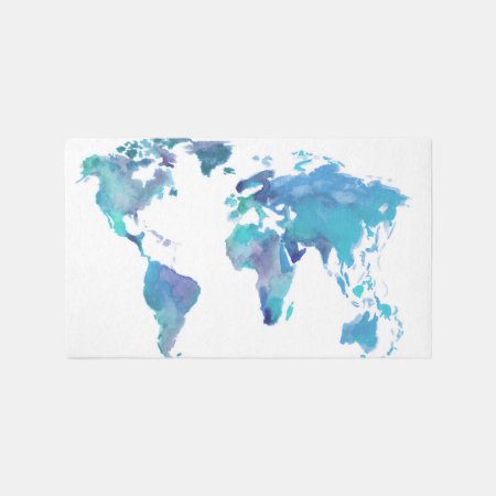 Watercolor Blue World Map Rug