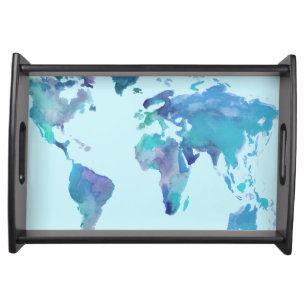 Watercolor Blue World Map Serving Tray