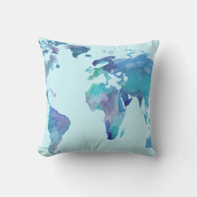 Watercolor Blue World Map Throw Pillow (Front)