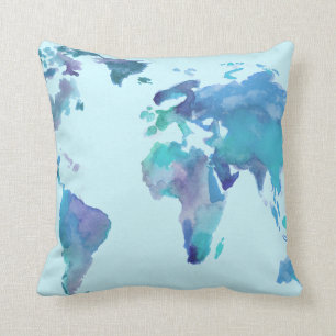 Watercolor Blue World Map Throw Pillow