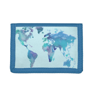 Watercolor Blue World Map Tri-fold Wallet