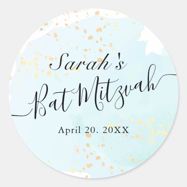 Watercolor Blue x Gold Bat Mitzvah Classic Round Sticker (Front)