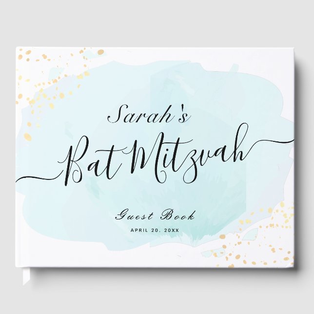 Watercolor Blue x Gold Bat Mitzvah Guest Book (Front)