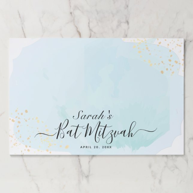 Watercolor Blue x Gold Bat Mitzvah Placemat (Front)