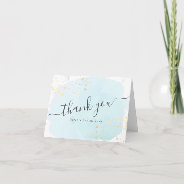 Watercolor Blue x Gold Bat Mitzvah Thank You Card (Front)