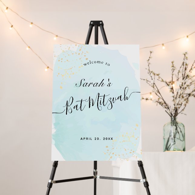 Watercolor Blue x Gold Bat Mitzvah Welcome Foam Board (In Situ (Stand))
