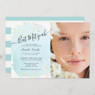 Watercolor Blue x Gold Photo Bat Mitzvah Invitation