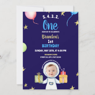 Watercolor Blue & Yellow Astronaut 1st Birthday Invitation