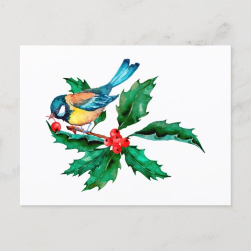 Watercolor Blue Yellow Bird on Holly Berry Branch Postcard