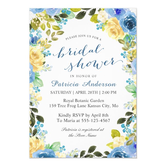Watercolor Blue Yellow Floral Romantic Bridal Show Invitation