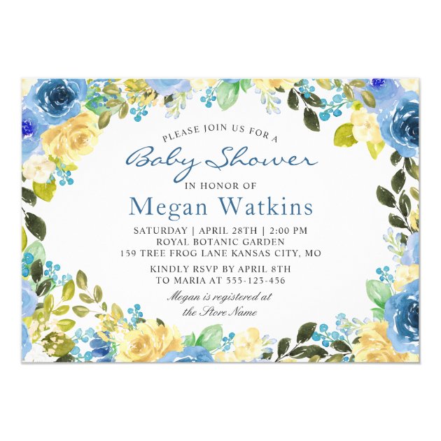 Watercolor Blue Yellow Flowers Baby Shower Invitation