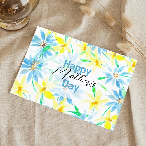 Watercolor Blue Yellow Flowers Mothers Day Postcard