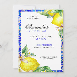 Watercolor Blue & Yellow Lemon Mediterranean Tiles Invitation
