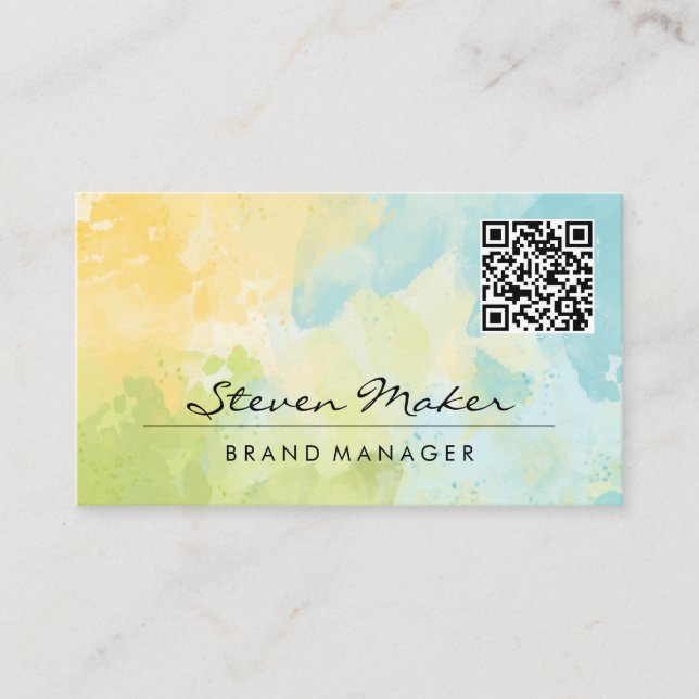 Watercolor Blue Yellow | QR Code Business Card (Front)