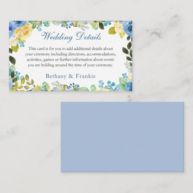 Watercolor Blue Yellow Rose Garden Wedding Details Enclosure Card (Front/Back)