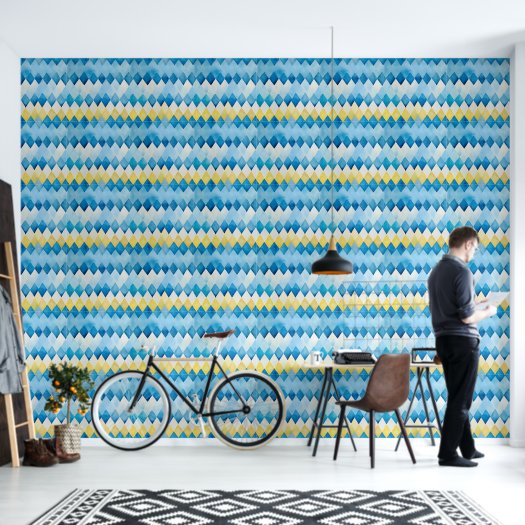 Watercolor Blue Yellow White Geometric Pattern 