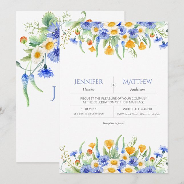Watercolor Blue Yellow Wildflowers Invitations (Front/Back)