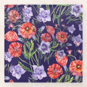 Watercolor Bluebell Poppy Array Glass Coaster
