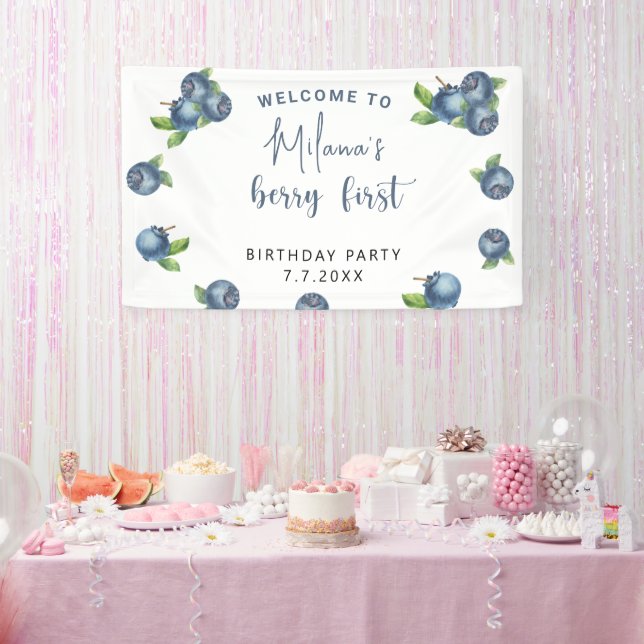 Watercolor blueberries 1st birthday party banner (Party)