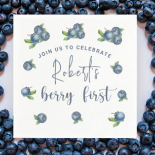 Watercolor blueberries 1st birthday party napkins