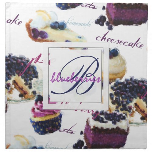 Watercolor Blueberries and Sweets Monogram Napkin