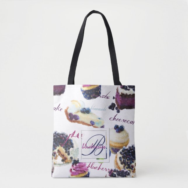 Watercolor Blueberries and Sweets Monogram Tote Bag (Front)