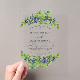 watercolor blueberries blue botanical wedding acrylic invitations