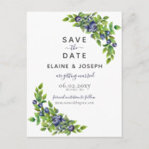 watercolor blueberries blue botanical wedding announcement postcard