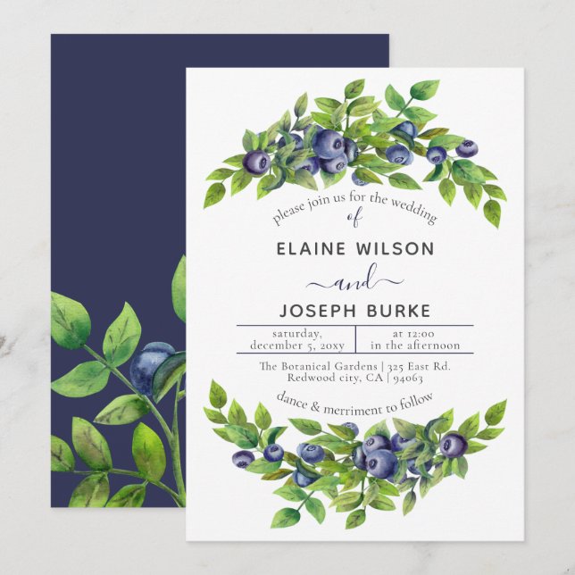 watercolor blueberries blue botanical wedding invitation (Front/Back)