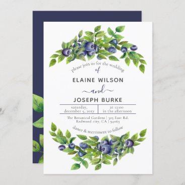 watercolor blueberries blue botanical wedding invitation