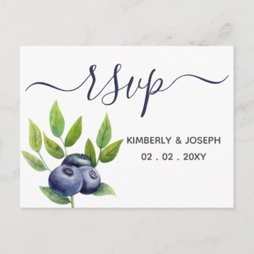 watercolor blueberries blue botanical wedding Rsvp Invitation Postcard