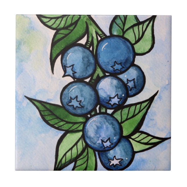 Watercolor Blueberries Ceramic Tile (Front)