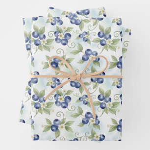 Watercolor Blueberries, Leaves, Blueberry Flowers Wrapping Paper Sheets