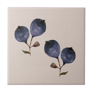 Watercolor Blueberries on Taupe Ceramic Tile