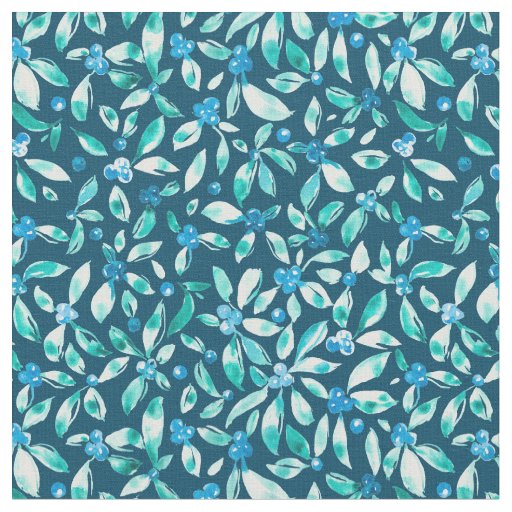 Watercolor blueberries on teal background fabric