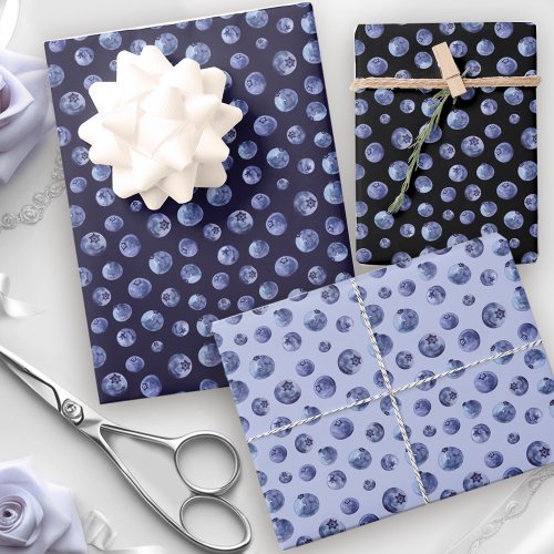 Watercolor Blueberries Pattern Blue Wrapping Paper Sheets