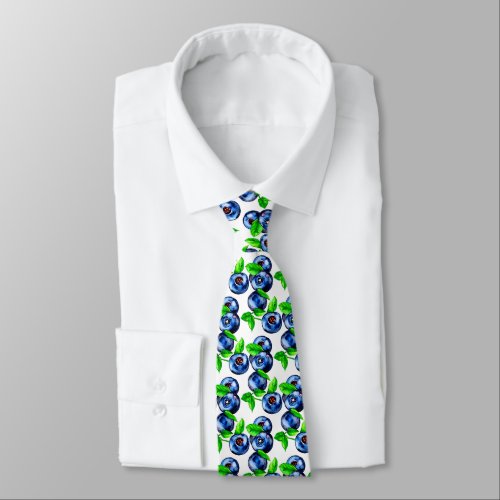 Watercolor Blueberries Pattern on White Background Neck Tie