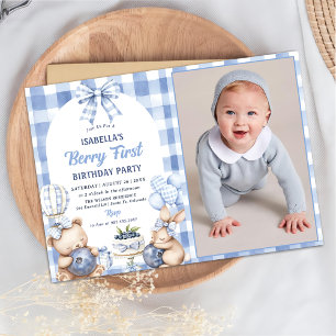 Watercolor Blueberry 1st Birthday Party Photo Invitation