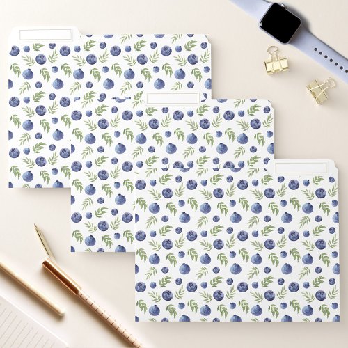 Watercolor Blueberry And Leaves Pattern File Folder