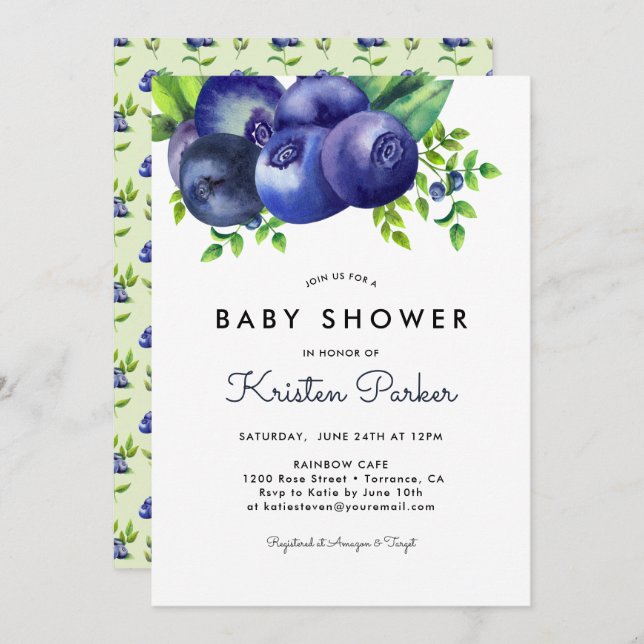 Watercolor Blueberry Boy Baby Shower Invitation (Front/Back)