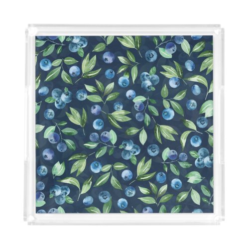 Watercolor Blueberry Dark Background Pattern Acrylic Tray