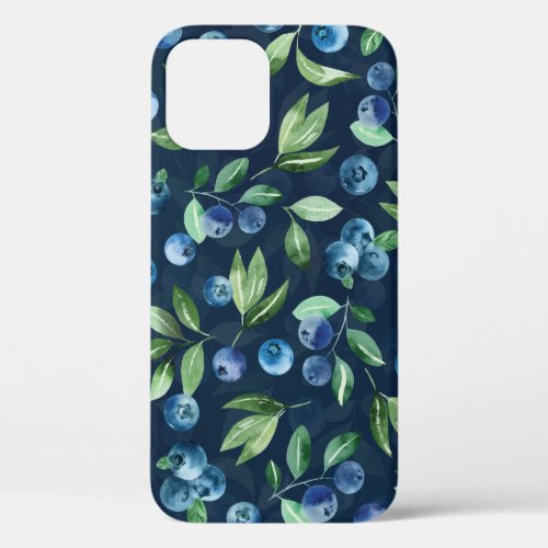 Watercolor Blueberry Dark Background Pattern iPhone 12 Case